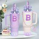 2 x 9PCS Bling Stanley Cup Accessories for 30oz & 40oz Tumbler with handle,Including Initials Charm,Leather Handle Strap,Straw Bow Decorate,Straw Topper,Boot,Spill Proof Stopper,Sticker(Purple B)