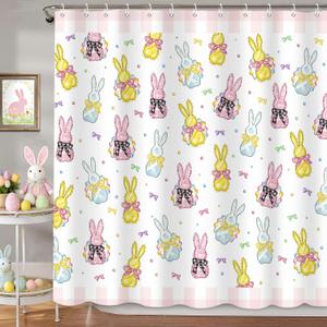 MEHOFOND Easter Shower Curtain,Pink Buffalo Plaid Bunny Rabbit Shower Curtains for Bathroom,Colorful Bows Bunny Rabbits Eggs Shower Curtain Bathroom Decor Sets with 12 Hooks, 72x72 in