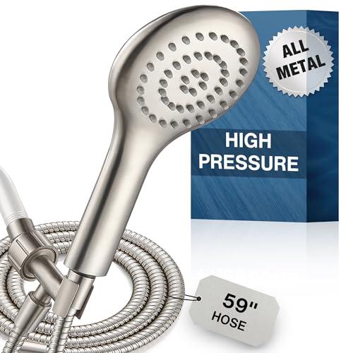 Cobbe All Metal Shower Head with Handheld - Solid Stainless Steel High Pressure Showerhead, 1-Spray Detachable Wand with 59" Hose & Adjustable Bracket Water Saving Eco-Flow (Brushed Nickel)
