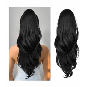 CHRSHN Ponytail Extension, 26 Inch Drawstring Ponytail Extension for Women Long Black Wavy Layered Pony Tails Hair Extensions Synthetic Clip in Ponytail Hairpiece for Women