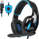 SADES SA902 Stereo Gaming Headset 7.1 USB Surround Sound PC Headsets Over-Ear Gaming Headphones with Microphone LED Light Black Blue