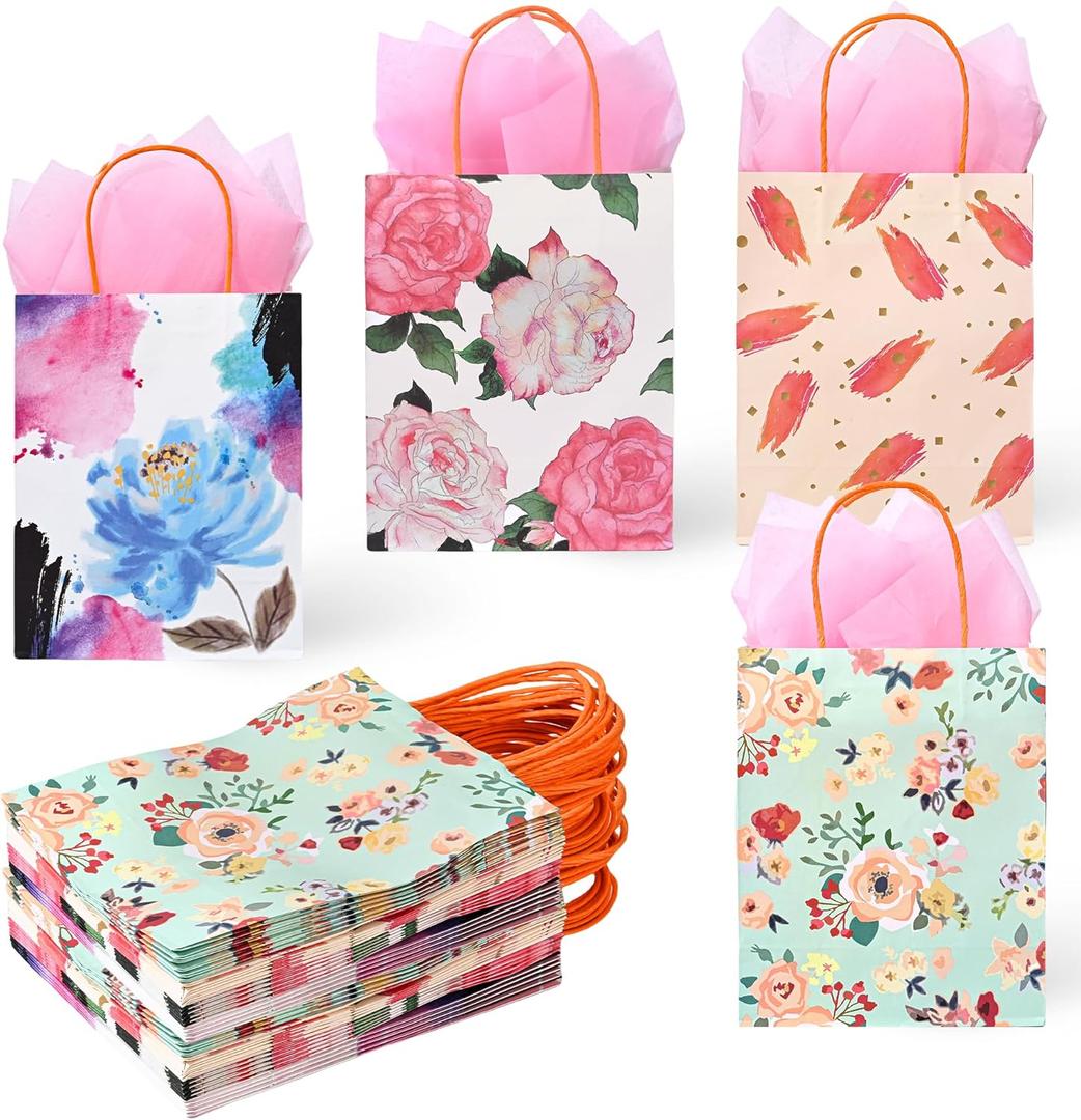 36 Pack Medium Sized Floral Gift Bags with Pink Tissue Paper for Baby Showers, Bridal Showers, Weddings, Mother's Day, Valentines, Birthday Favors, Boutiques, 10x8x4 Inch (4 Assorted Designs)