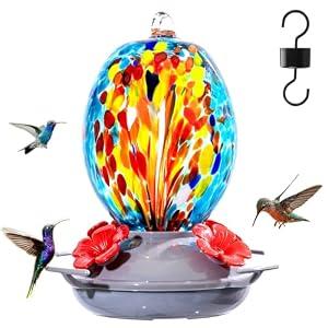 Muse Garden Hand Blown Glass Hummingbird Feeder - 19OZ Plastic Base Humming Bird Feeders for Outdoors Hanging, Garden Decor Gifts for Bird Lovers, Blue Fireworks