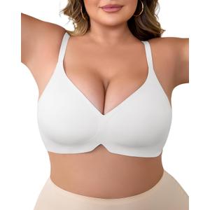 Plus Size V-Neck Wireless Bras for Women Seamless Everyday Bras U-Back Design W-Shaped Jelly Support Barlette 4XL White (White, XXXL)
