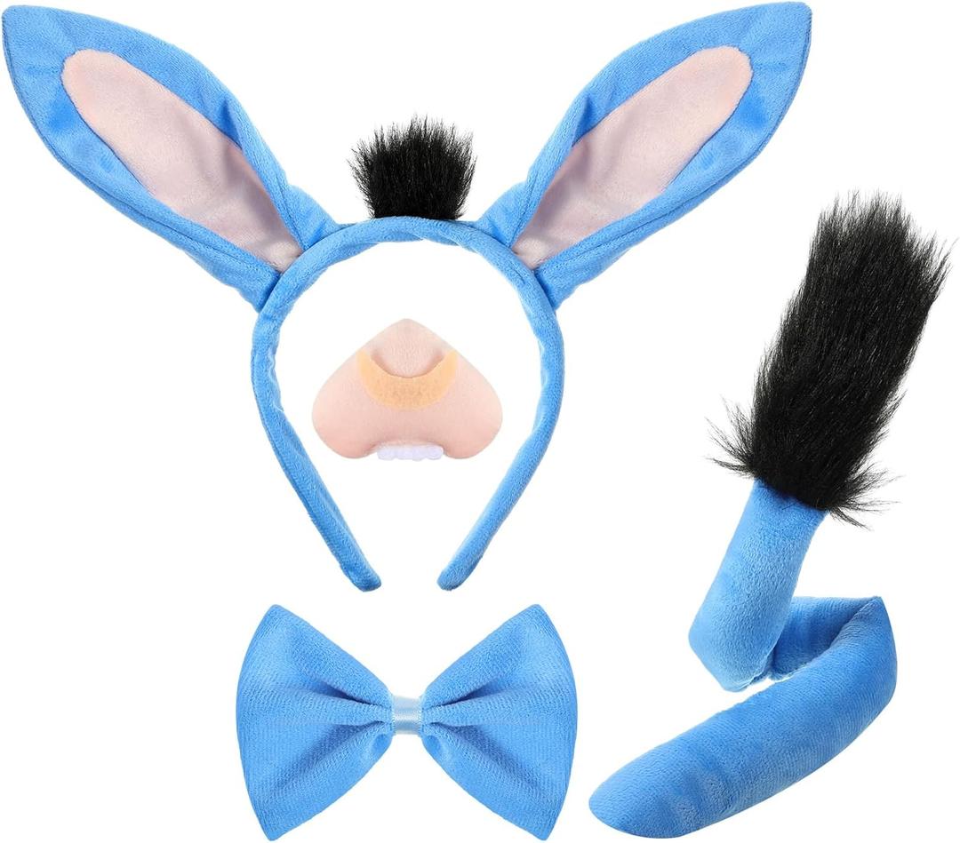 Aoriher 4 Pcs Donkey Costume Set Ears Headband Nose Tail Bow Tie for Kid Adult Animal Cosplay Halloween Party Accessories Kit (Blue)