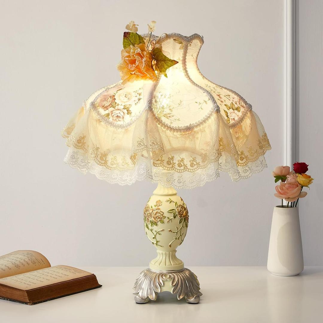 Victorian Flower Table Lamp Floral Coquette Lamp Vintage with Lace Fabric Lampshade Beaded Fringe Pleated Antique Lovely Decorative Bedside Night Light for Bedroom Nightstand (Beige European)