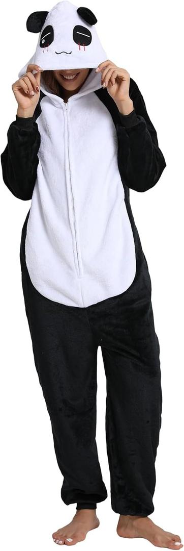 Unisex Adult Animal Onesie Pajamas, Men Women Flannel Halloween Cosplay Costume (Panda)