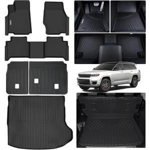 Floor Mats & Trunk Mat & Backrest Mat for 2022-2024 2025 Jeep Grand Cherokee 5 Seats(Non L or WK),TPE All Weather Protection Car Floor Liners with Cargo Liners Covering The Backrest (2022-25 Grand Cherokee 5 Seats)