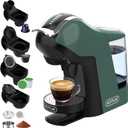 KOTLIE EM-308B Espresso Machine, Single Serve Coffee Maker Compatible with Multiple Capsule Types, Ground Coffee, and ESE Pods, 3 Temperatures, 7 Water Volume Levels, 34 Oz Green