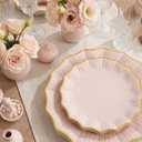 Rubtlamp 60Pcs Pink Plastic Plates - Pink Scalloped Plates with Gold Trim - 30 Dinner & 30 Dessert Platos, Heavy-duty Gold Plates for Party, Wedding&Mothers Day (30 Guests)