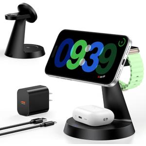 3 in 1 Charging Station for Apple Devices, 15W Fast Wireless Charger Compatible with MagSafe Charging Stand for iPhone 17 16 15 14 13 12 Series, Watch Charger Stand for Apple Watches & Airpods