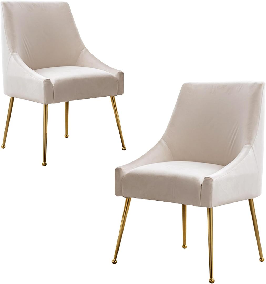 2 x Modern Velvet Dining Chairs Set of 2, Contemporary Upholstered Furniture Collection with Polished Gold Metal Legs, Elegant Accent Chairs for Kitchen Living Room(White)