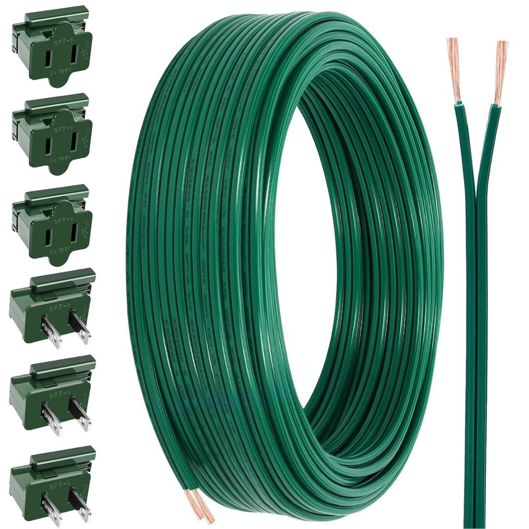 55FT SPT-1 18/2 Christmas Electrical Wire with 6PCS Vampire Plugs,18 Gauge 2 Conductor Electrical Wire,Low Voltage Landscape Lighting Wires,18 AWG Extension Cable for Christmas Holiday Outdoor Light