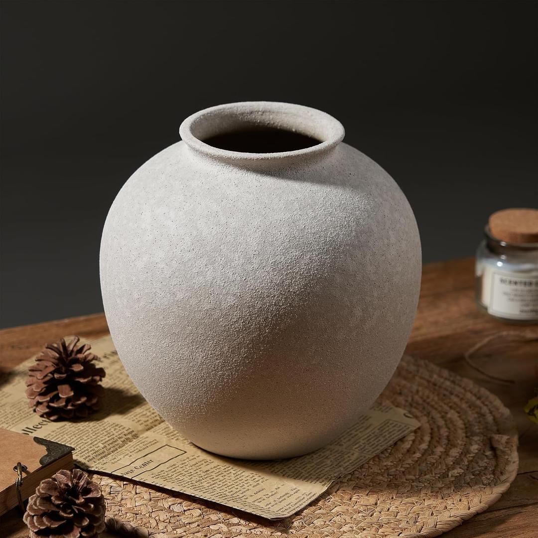 White Ceramic Vase - 7.8 Inch Rustic Farmhouse Vase for Home Decor, Round Modern Ceramic Vases for Living Room, Bathroom,Table, Holiday & Weddings (Stone White)