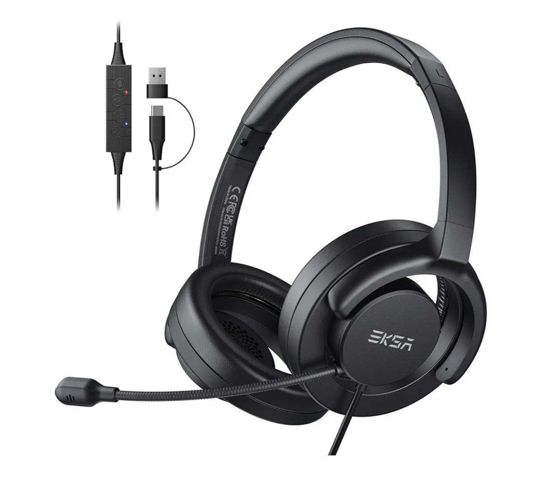 EKSA H27 USB Computer Headset with Microphone for Work, PC Headset with Noise Cancelling Mic, Wired Over-Ear Headphones with in-Line Controls, USB Headset for PC/Computer/Laptop/Call Center/Offic