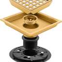 Shower Drain, Brushed Gold 4 inch Shower Floor Square Drain with Flange, Removeable Grid Panel SUS 304 Stainless Steel Square Shower Drain