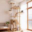 Hey-brother Wooden Cat Tree, 69.7 inch Cats Furniture Tower with Large Platforms, Hammocks, Spacious Condo, Full Sisal Scratching Posts, Ladder, Brush, Water Proof Surface, White Oak MPJ121BT