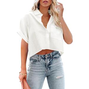 Tankaneo Womens Button Down Cropped Shirts Long Sleeve Casual Crop Tops Solid Lapel Blouse Shirt with Chest Pocket (X-Large, 18-white)