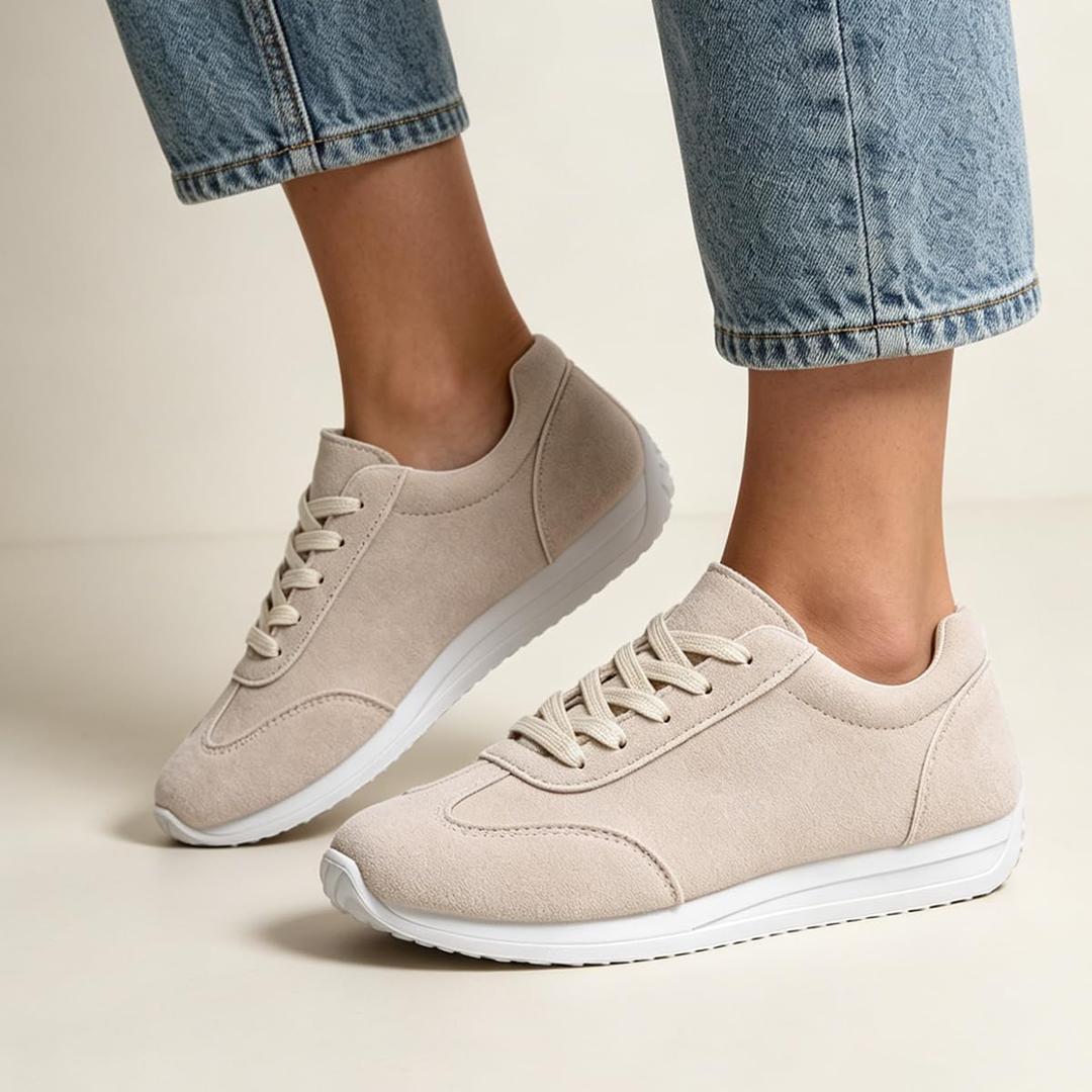 Women's Minimalist Suede Sneakers - Lace Up Casual Trainers in Beige for Everyday, Streetwear & Minimalist Outfits, 9.5