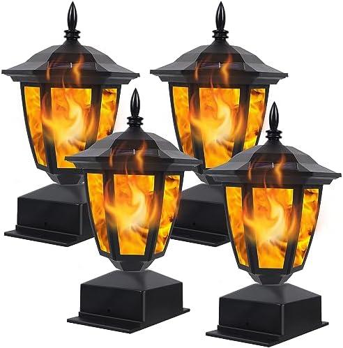 Dynaming Solar Flame Post Lights Outdoor, Solar Powered Lamps Fence Post Cap Lights, Flickering Flame LED Lantern Decorative Waterproof for Garden Deck Patio, Fit 4x4, 5x5 or 6x6 Wooden Posts, 4 Pack