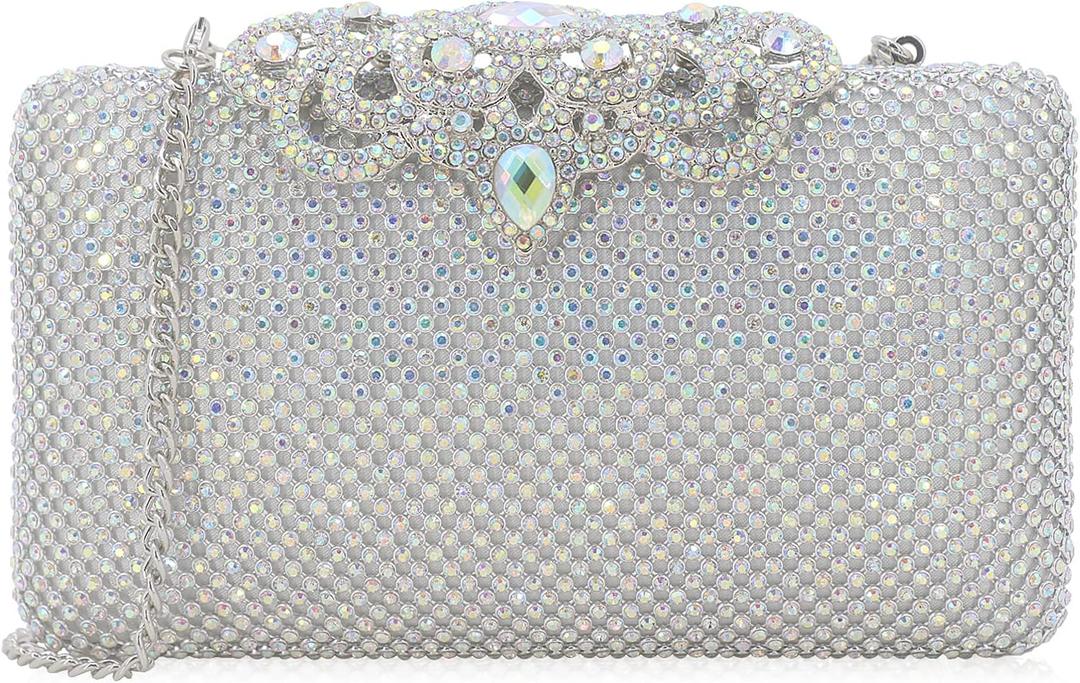 Dexmay Rhinestone Clutch Bag with Crystal Crown Clasp Women Evening Handbag Formal Party Purse (Ab Silver)