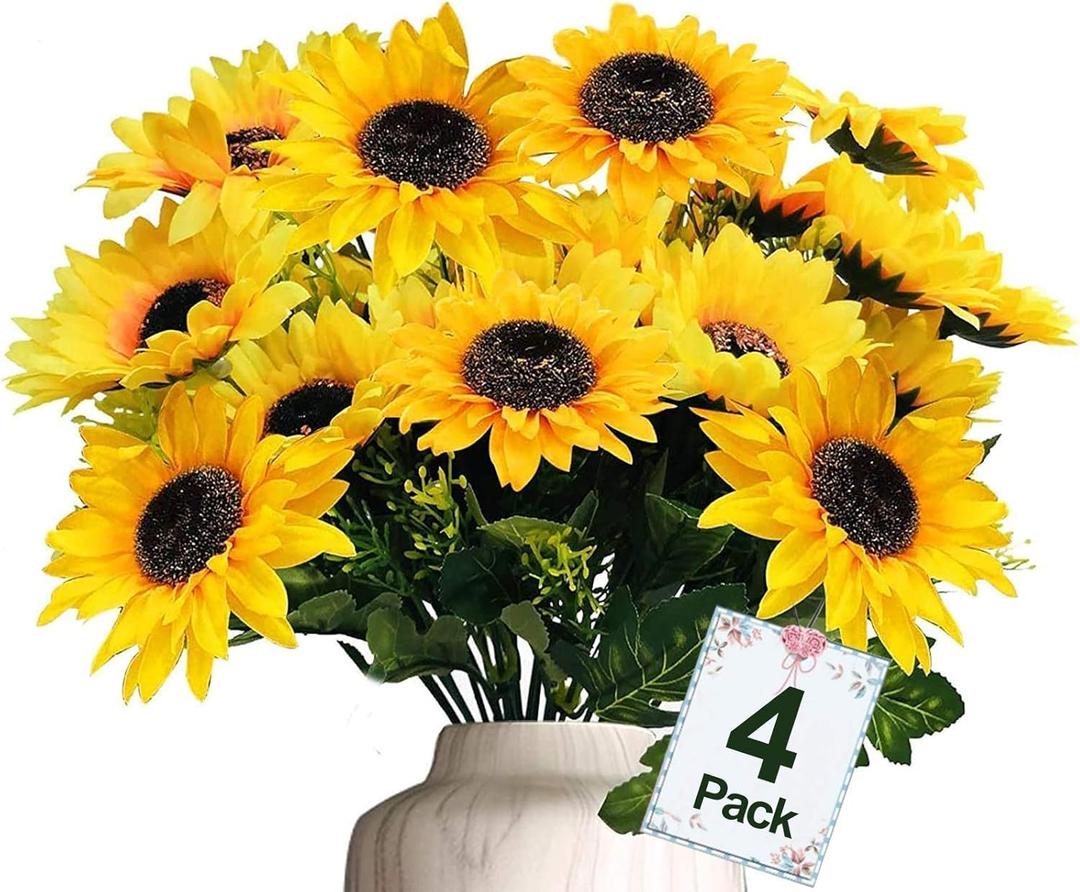 TURNMEON 28Pcs Sunflowers Artificial Flowers for Outdoors Summer Decor, 4 Pack Fake Flowers Silk Faux Sunflower Bouquet Arrangement for Vase Wedding Table Indoor Home Grave Flowers Cemetery Decor