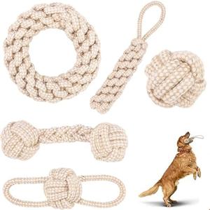 Rope Toys for Small and Medium Dogs, Chew Toys for Aggressive Chewers, Handwoven Cotton & Hemp Chew Toys with Knot and Ball, Interactive Toys for Tug of War, Training, Gum Massaging (5Pcs, Hemp Toys)