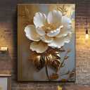 RDXLTOFO 3D Floral Canvas Wall Art White Flower Wall Decor with Gold Leaves Modern Abstract Botanical Painting for Living Room Bedroom Office Elegant Textured Artwork Ready to Hang 16x24 Inch