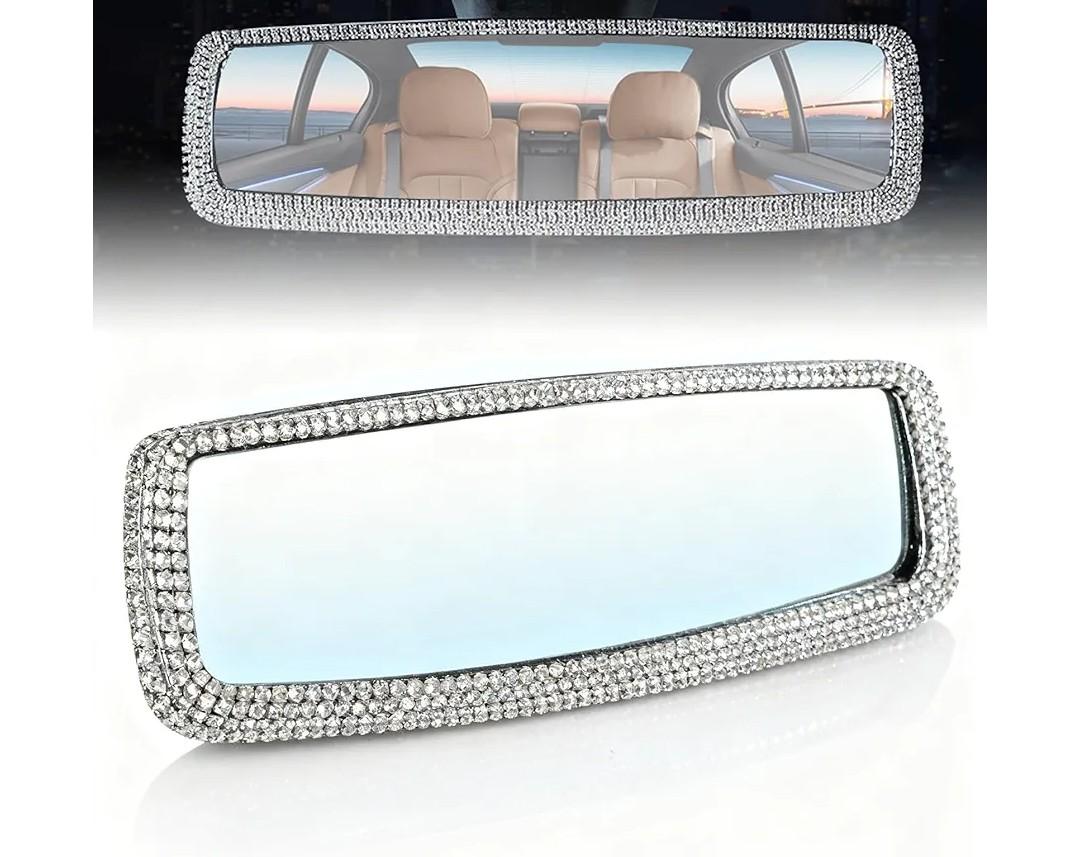 Bling Rhinestone Rearview Mirror, Car Interior Clip-on Rear View Accessories Decorations Panoramic Rear View Mirror with Bling Rhinestones Crystal Diamonds Edge for SUV, Truck
