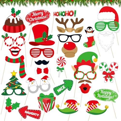 32 Pcs Christmas Photo Booth Props Kit - Merry Christmas Photo Props for Photography, DIY Fun Xmas Photobooth Photoshoot Prop Selfie Pose Sign Set for Adults Kids Christma Party Favors Supplies