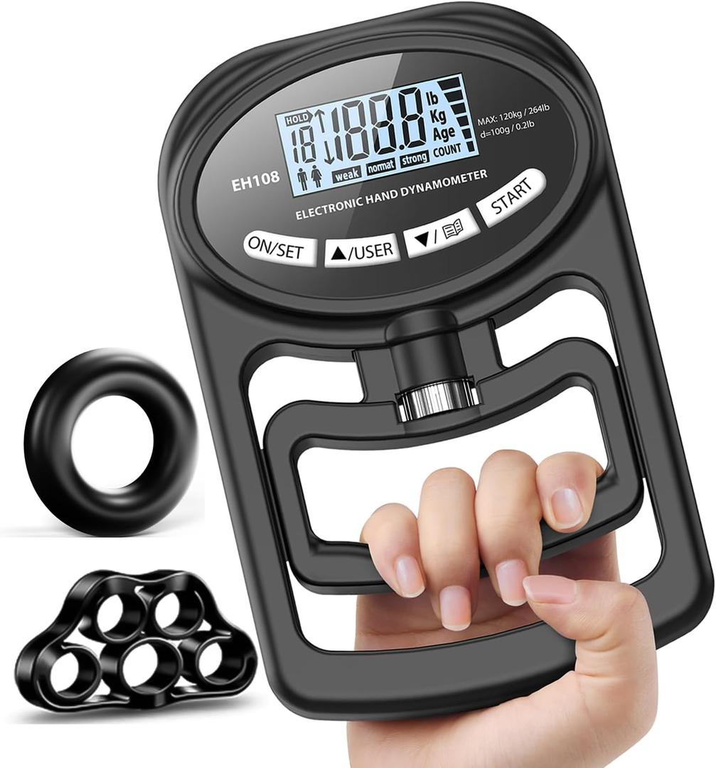 Hand Grip Strength Tester Trainer - Electronic Hand Dynamometer Forearm Grip Strengthener Exerciser Digital Training Gauge 265 Lbs 120 Kgs for Sport Home School Use (black)