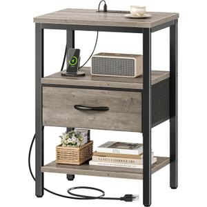 SUPERJARE Nightstand with Charging Station, Bed Side Table with Adjustable Fabric Drawer, Night Stand for Bedroom, 3-Tier Storage End Table, for Living Room, Oak (M (11.8"D x 15.7"W x 23.4"H))