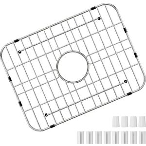 GUUKIN Sink Protectors for Kitchen Sink Bottom, 18" x 12-1/2"Stainless Steel Sink Protector with Center Drain Hole, Grid Rack Mat with Extra Replacement White Rubber Fee