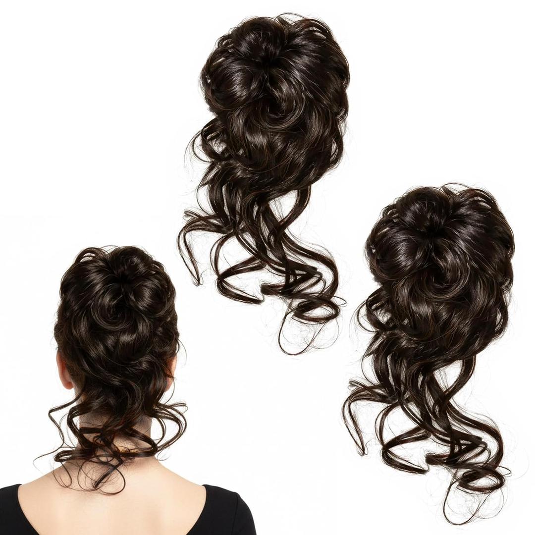 2 Pcs Wavy Curly Ponytail Hair Extensions Messy Bun Hair Piece Curly Fake Hair Bun Scrunchies Synthetic Updo Chignon Fake Scrunchies Thick Updo Hairpieces For Women