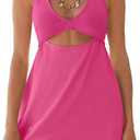 ReachMe Womens Cut Out Dresses Short Sleeveles Mini Dress Summer V Neck A Line Dresses Beach Vacation Dress (Pink, L)