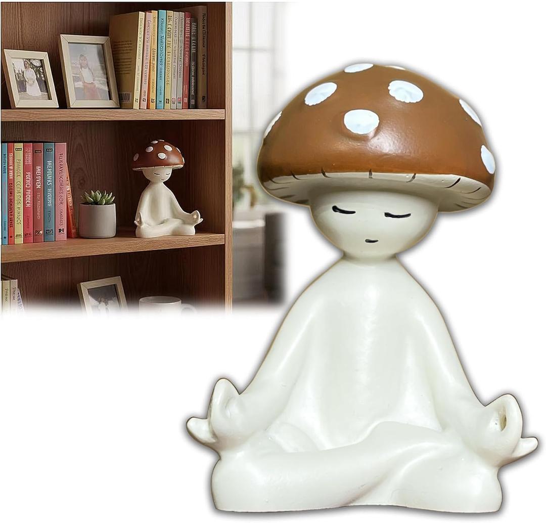 2 x Meditation Mushroom Resin Statue  Cute Yoga Mushroom Figurines for Desk Home Office Garden Decor, Tabletop Plant Ornament for Living Room Patio Backyard