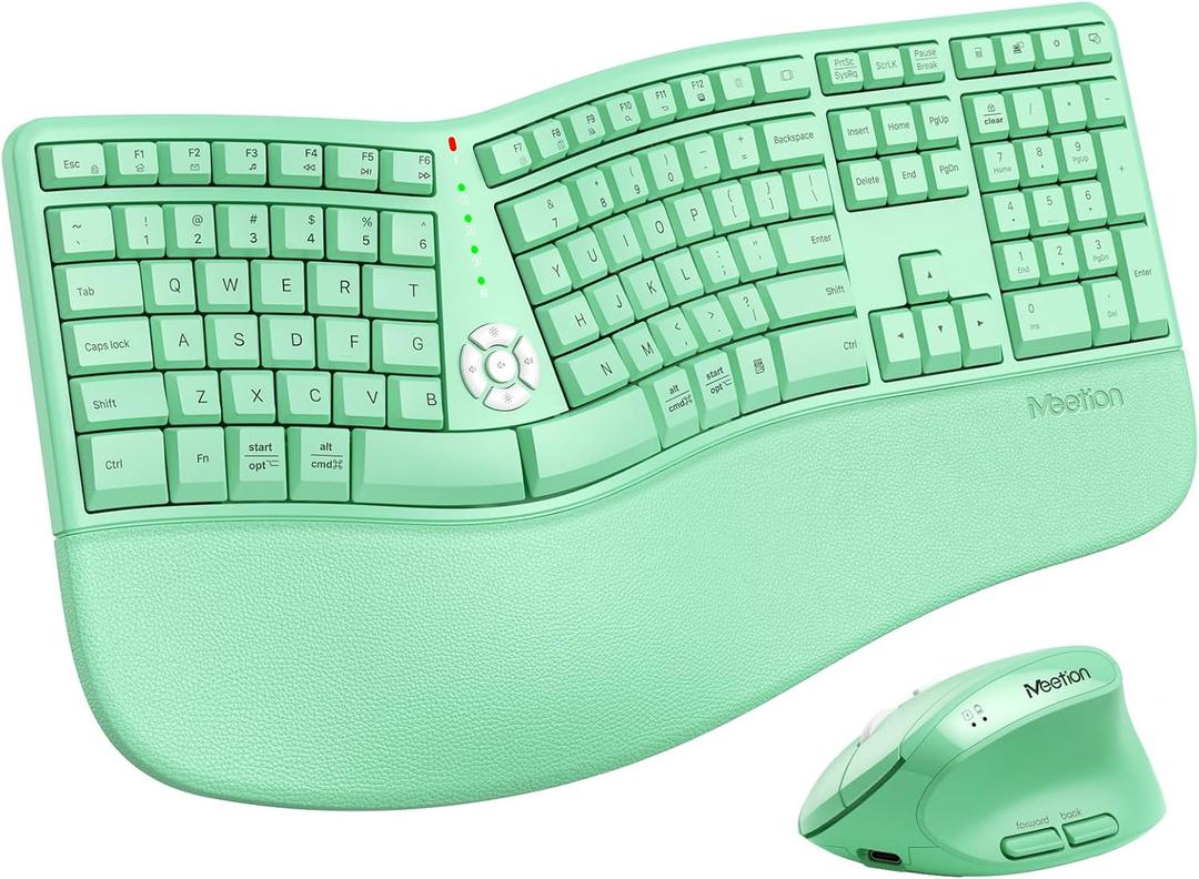 MEETION Ergonomic Keyboard and Mouse, Wireless Keyboard with Vertical Mouse, Split Curved Keyboard with Wrist Rest, USB C Rechargeable Full Size, Windows/Mac/PC/Laptop, Green
