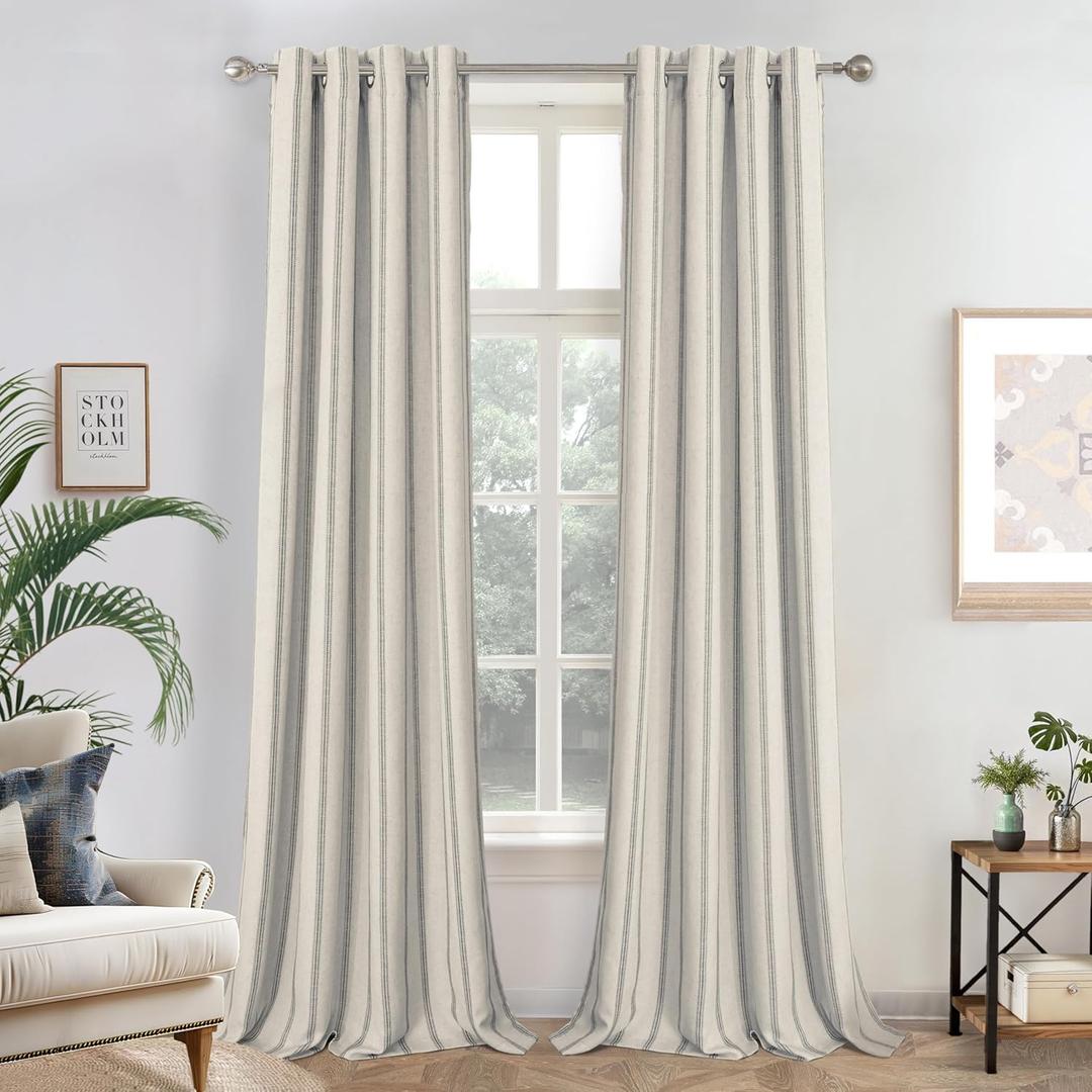 DriftAway Farmhouse Linen Blackout Curtains 102 Inches Long for Bedroom Striped Double Layer Thermal Insulated Sound Reducing Lined Grommet Rustic Drapes for Living Room 2 Panels W52 x L102 Gray
