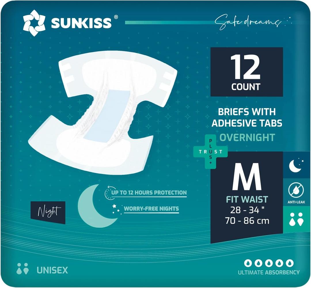 SUNKISS TrustPlus Unisex Adult Diapers, Medium, 12 Count - Heavy Absorbency, Leak Protection, Advanced Odor Control, Extra Soft, Wetness Indicator