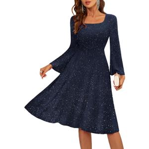 BeryLove Prom Dress for Teens: Sequin Formal Party Dress with Flutter Short Sleeves for Wedding & Cocktail Evening Events (X-Small, Long Sleeve Darkblue)