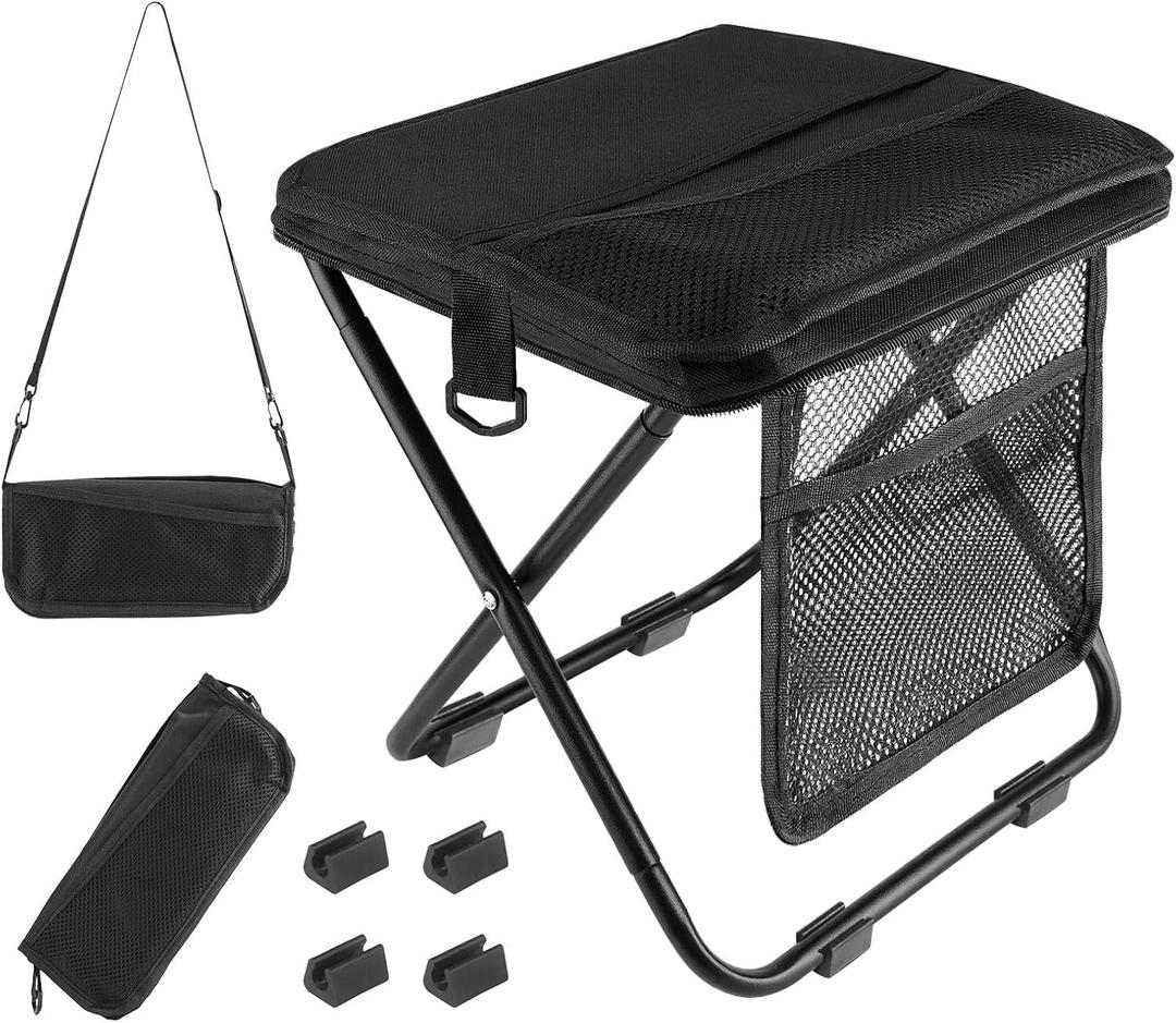 Extra Large Foldable Backpack Stool,with 3 Storage Pockets, Ideal for Camping, Hiking, Outdoor Activities and Events Maximum Weight Capacity 300 lbs (Black), Compact Folding Design