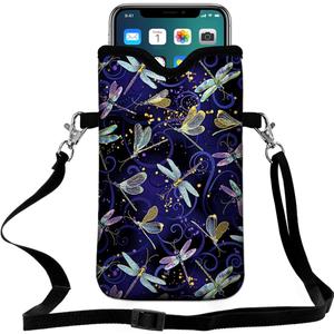 Universal Neoprene Cell Phone Pouch 7.1 X 4 in Mobile Protection Case Bag with Crossbody Strap/Neck Lanyard Dragonfly Printed Pattern