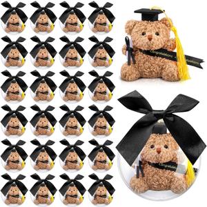 75 Pcs 2026 Mini Graduation Bear Bulk Set with 25 Graduation Gift Mini Stuffed Bears 25 Clear Plastic Fillable Ornament Balls and 25 Bow 2026 Party Favors(Black)
