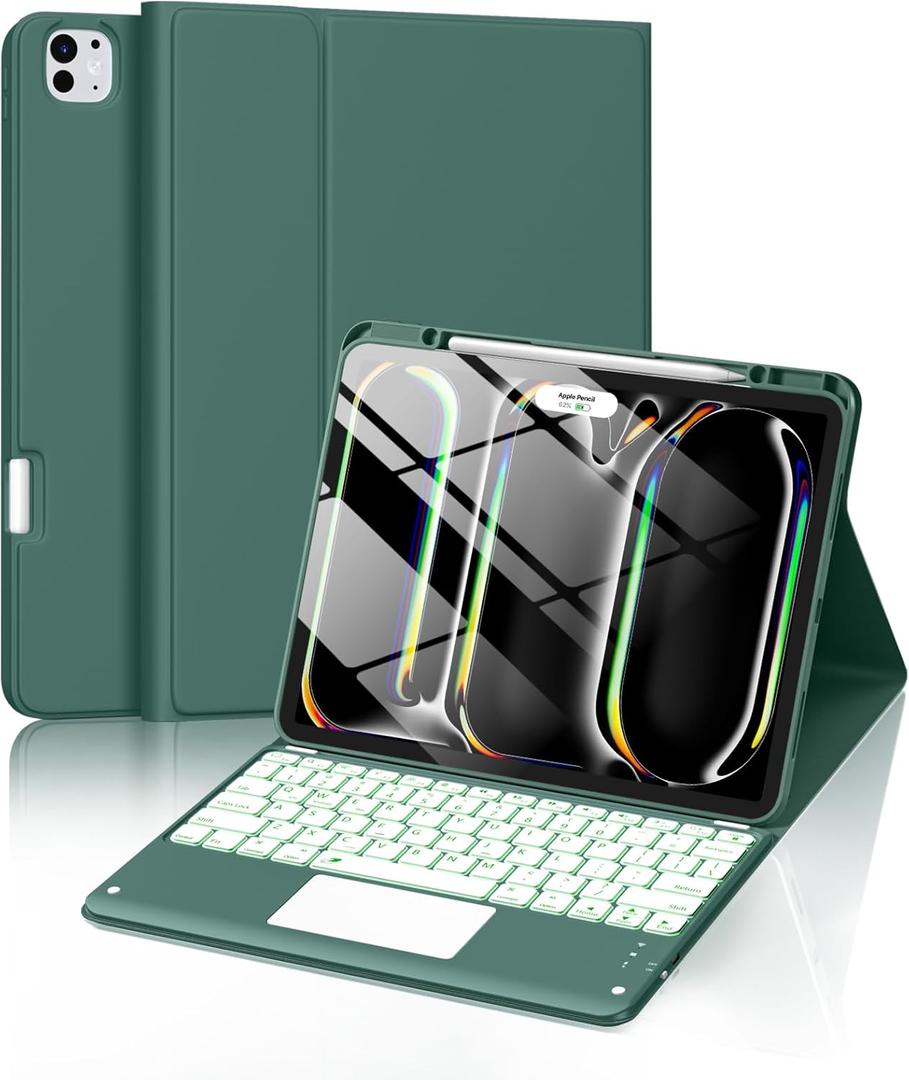 Harvopu for iPad Pro 13 Inch Case with Keyboard (M5/M4) 2025/2024, Magnetic Wireless Detachable Keyboard with Multi-Touch Trackpad 7 Colors Backlit Proof Folio Cover for iPad Pro 13 Inch, Pine Green