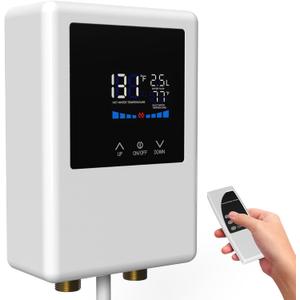 Tankless Water Heater Electric, 5500W 110V Instant Hot Water Heater with Remote Control and LCD Touch Screen on Demand, Bathroom Sink and Faucet, Save Space (White)