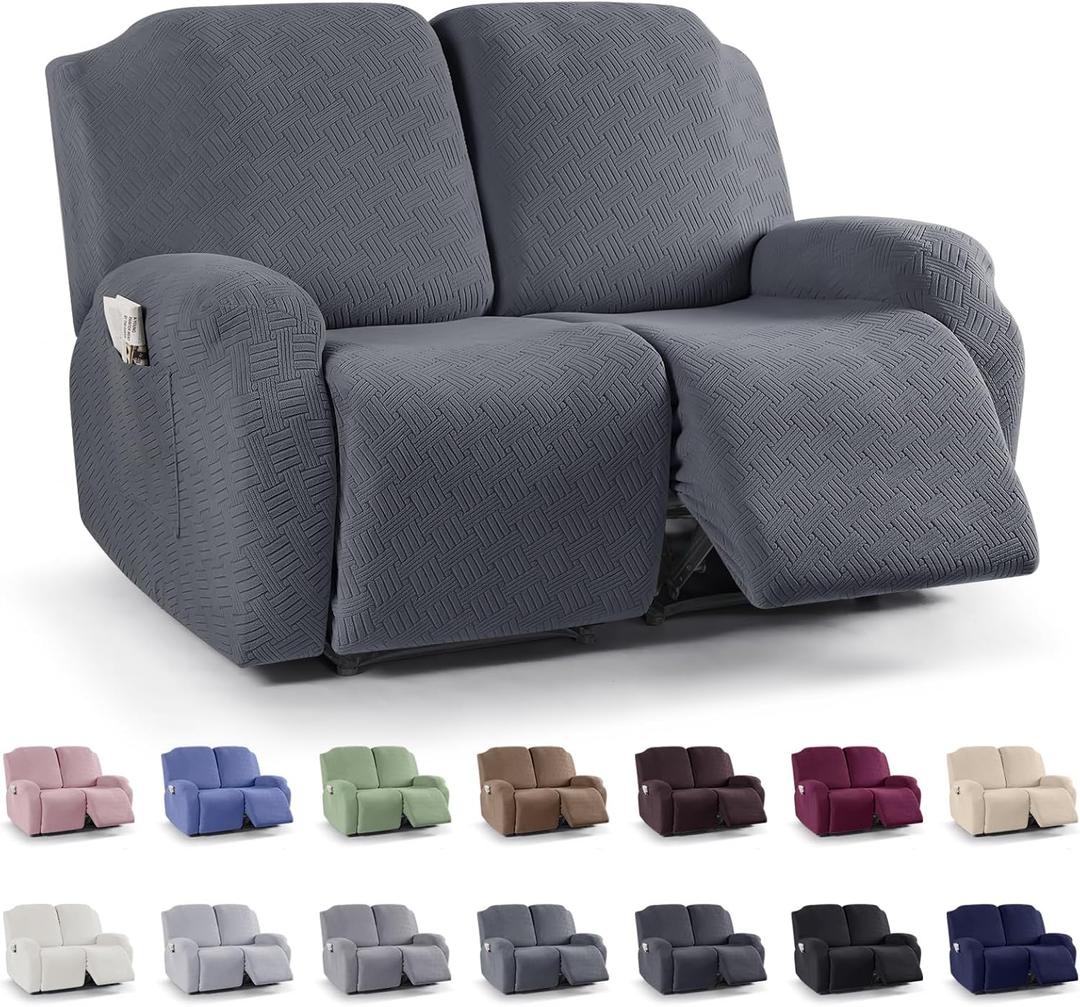 KinCam Recliner Covers, Stretch Reclining Chair Covers, Recliner Sofa Slipcovers Stripe Jacquard Recliner Couch Covers Furniture Protector Covers for Pet Kid (2 Seater, Dark Gray)