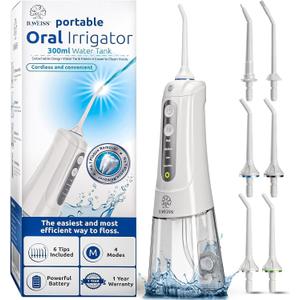 Water Flosser Cordless Pick for Teeth, 4 Modes, Gentle on Gums, Removes Plaque & Food Particles, B. WEISS High-Power, Rechargeable & Waterproof Oral Irrigator; 6 Tips Included, Porcelain White