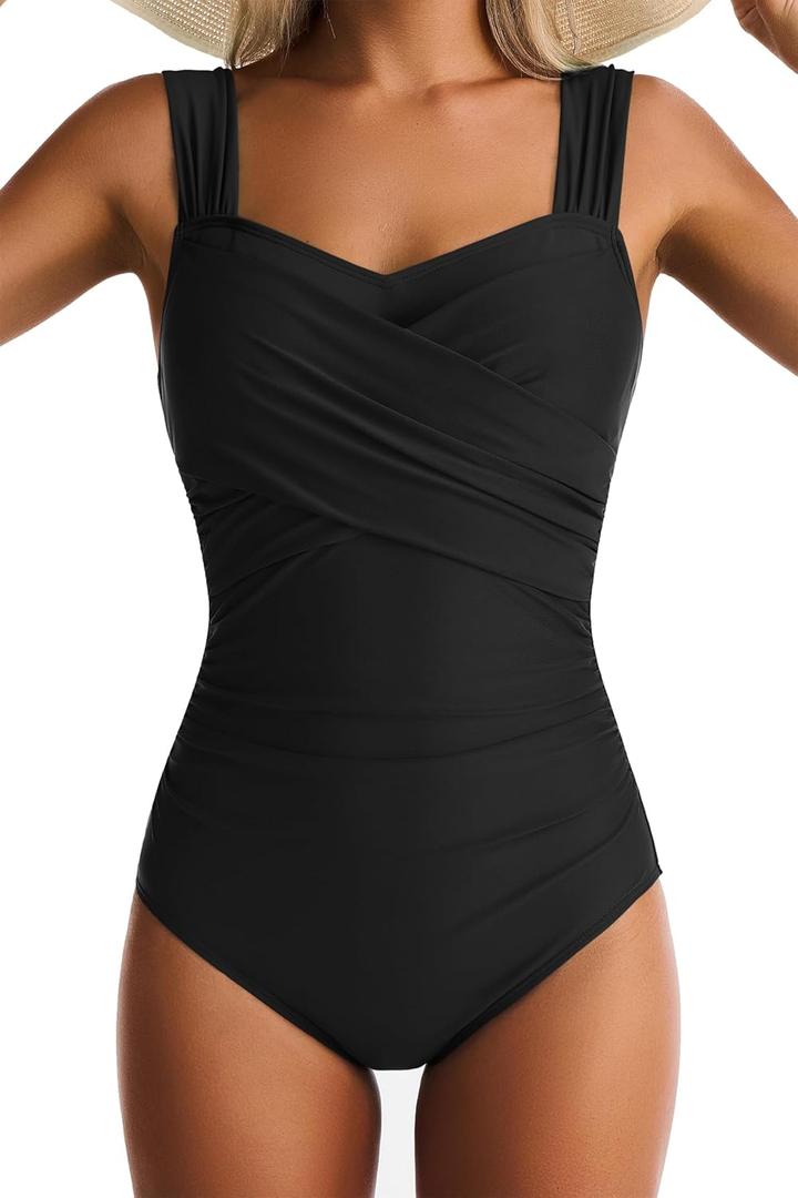 One Piece Swimsuit for Women Tummy Control Wide Straps Bathing Suits Full Coverage Swim Suit Color Block Swimwear (Medium, Black)