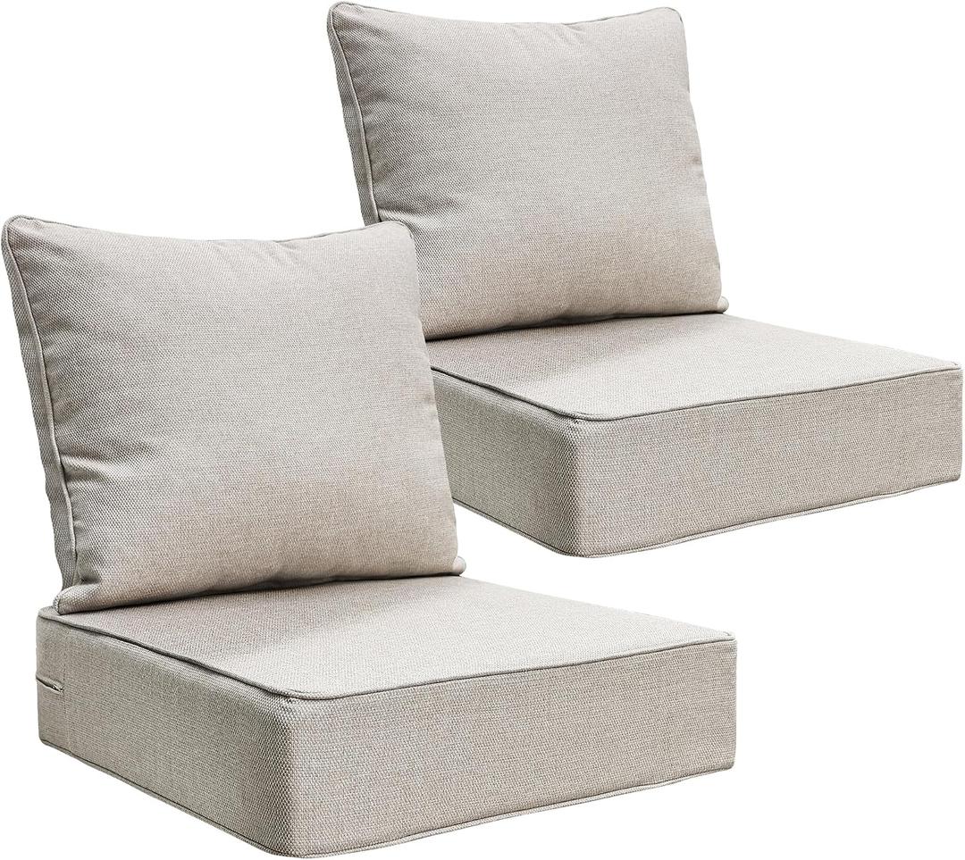 24x24 Outdoor Seat Cushions Set of 2, Thick Deep Seated Outdoor Chair Cushions for Patio Furniture, Fade Resistant Replacement Outdoor Couch Cushions 24x24x6 with Zippers & Ties, Beige