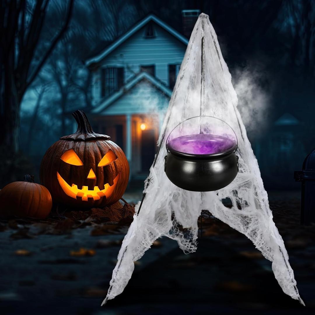 Halloween Decorations Outdoor Large Witches Cauldron on 52" Tripod with 12 LED Mister and Mesh Spider Black Plastic Witches Bowl Candy Bucket Cauldron for Halloween Porch Yard Decoration